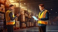 Happy male factory manager using digital tablet in warehouse while standing against goods shelf.