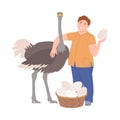 Happy Male Farmer Holding Huge Ostrich Egg Vector Illustration