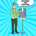 Happy Male Fashion Designer with Jacket on a Mannequin. Textile Industry. Pop Art retro illustration