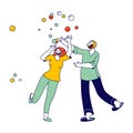 Happy Male and Female Characters Blow Soap Bubbles Playing, Fooling and Having Fun Together