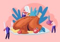 Happy Male and Female Characters Cooking Huge Thanksgiving Turkey Flavoring with Vegetables, Spices and Salt. Men and Women Royalty Free Stock Photo