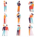 Happy Male and Female Embracing Each Other Set, People Celebrating Event, Couples in Love, Best Friends Vector