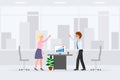 Happy male, female indoor interior, working place . Slapping hands, successful report, smiling boy, girl cartoon character