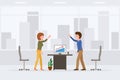 Happy male and female interior, working place vector illustration. Slapping hands, successful report, smiling cartoon character