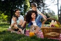 Happy male and female playing and enjoying picnic with children outside Royalty Free Stock Photo