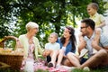 Happy male and female playing and enjoying picnic with children outside Royalty Free Stock Photo