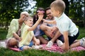 Happy male and female playing and enjoying picnic with children outside Royalty Free Stock Photo