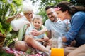 Happy male and female playing and enjoying picnic with children outside Royalty Free Stock Photo