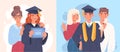 Happy male and female students are celebrating graduation in robe standing together with mom and dad Royalty Free Stock Photo