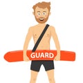 Happy male lifeguard rescue on duty standing over white