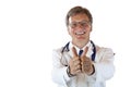 Happy male medical doctor shows both thumbs up