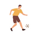 Happy male professional football player kicking the ball vector flat illustration. Smiling man skilled sportsman in