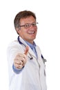 Happy male senior medic shows thumb up