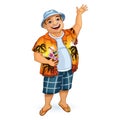 A happy male tourist in a Hawaiian shirt and Panama waving his hand. He holds a cocktail in his hand in a coconut.