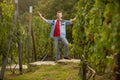 happy male vineyard owner. professional vintner on grape farm. man harvester on summer harvest. Royalty Free Stock Photo