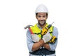 happy male worker house handy man fix repair service with builder tools equipments isolated on white background with clipping path