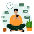 Happy man analyzing data on her mobile and sitting cross-legged. Business graphs and charts