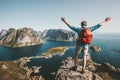 Happy Man backpacker raised hands on mountain top Royalty Free Stock Photo