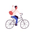 Happy man with bag riding city bicycle vector flat illustration. Positive postman guy on retro bike hand drawn isolated Royalty Free Stock Photo