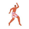 Happy man in beach trunks. Excited young suntanned guy in swimwear jumping up on summer holiday, vacation, rejoicing