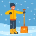 Happy man with a big winter shovel for snow to start cleaning the snow. Winter landscape with falling snowflakes. Flat Royalty Free Stock Photo