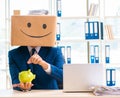 Happy man with box instead of his head