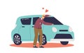 Happy man buying car. Cheerful male vehicle owner hugging with love new auto Royalty Free Stock Photo