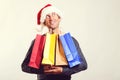 Happy man buying christmas gifts for family celebration. Winter shopping sales. Christmas holiday celebration. Happy new year Royalty Free Stock Photo