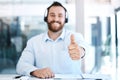 Happy man, call center and hand in thumbs up for success, winning or approval at the office. Portrait of businessman Royalty Free Stock Photo