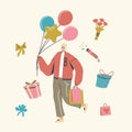 Happy Man Carry Balloons and Gifts in Paper Bags or Boxes Wrapped with Festive Bow. Male Character Prepare Presents