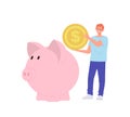 Happy man cartoon character saving money putting golden dollar coin into piggybank moneybox
