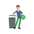 Happy man cartoon character throwing garbage into the waste tank, ecologically clean world