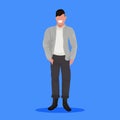 Happy man in casual clothes standing pose guy with hands in pockets male cartoon character full length flat blue Royalty Free Stock Photo