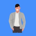 Happy man in casual clothes standing pose guy with hands in pockets male cartoon character portrait flat blue background