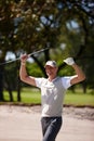 Happy man, celebration and golfer with fist pump for winning, victory or shot in sand pit. Excited male person or sports Royalty Free Stock Photo