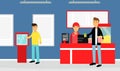 Happy Man Character at Cinema Buying Tickets and Popcorn at Cashier Counter Vector Illustration