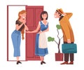 Happy Man Character Coming Back and Returning Home Standing Near Open Door with Relatives Welcoming Him Vector Royalty Free Stock Photo
