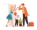 Happy Man Character Coming Back and Returning Home Standing Near Open Door with Relatives Welcoming Him Vector Royalty Free Stock Photo