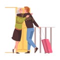 Happy Man Character Coming Back and Returning Home Standing Near Open Door with Wife Welcoming Him Vector Illustration