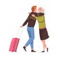 Happy Man Character Coming Back and Returning Home with Wife Welcoming Him Vector Illustration