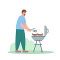 Happy man character cooking barbecue sausages on grill. Tourist camping or hobby concept. Royalty Free Stock Photo
