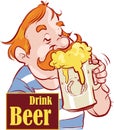 Happy man character drinks beer with mouth wide open stock illustration