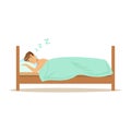 Happy man character sleeping in his bed, people resting vector Illustration