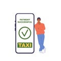 Happy man character standing nearby smartphone with successful payment for taxi car ordered online