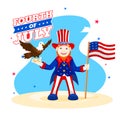 Happy man character wearing uncle sam hat with American Flag and eagle character for Fourth Of July.