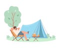 Happy man characters relaxing in chair near touristic tent in forest. Tourist camping concept. Summer vocation.