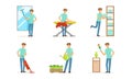 Happy Man Cleaning Mirror, Ironing, Folding Clothes on Shelves and Watering House Plants Vector Set