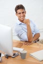 Happy man, computer or portrait with confidence at office with pride for career ambition or opportunity. Smile, business