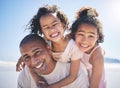 Happy man, daughters and beach portrait with piggy back, smile and family on summer vacation together in Cancun Royalty Free Stock Photo