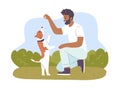 Happy man with dog in a park. Dog performing tricks. Guy is training his pet outdoors. Hand drawn vector flat Royalty Free Stock Photo